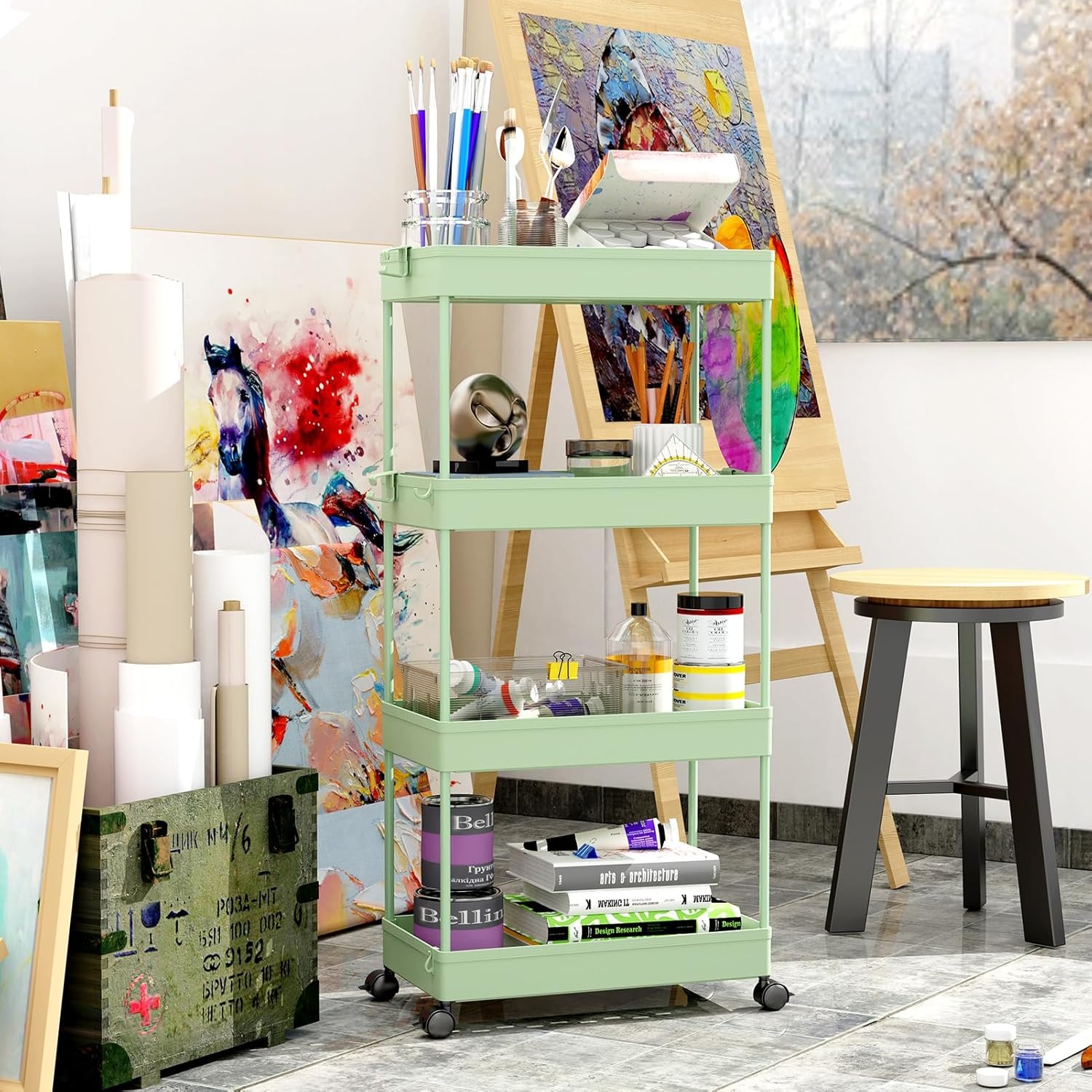 image:imageSPACEKEEPER Storage Cart 4Tier Mobile Shelving Unit Bathroom Rolling Cart Utility Storage Organizer Shelf for Kitchen Living Room Bathroom Laundry Room amp Dressers WhiteGreen