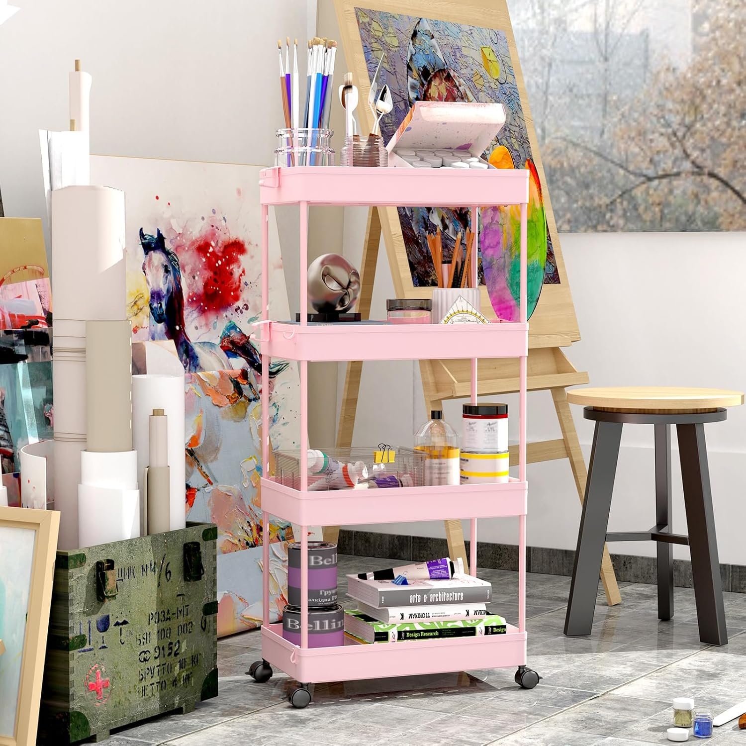 image:imageSPACEKEEPER Storage Cart 4Tier Mobile Shelving Unit Bathroom Rolling Cart Utility Storage Organizer Shelf for Kitchen Living Room Bathroom Laundry Room amp Dressers WhitePink