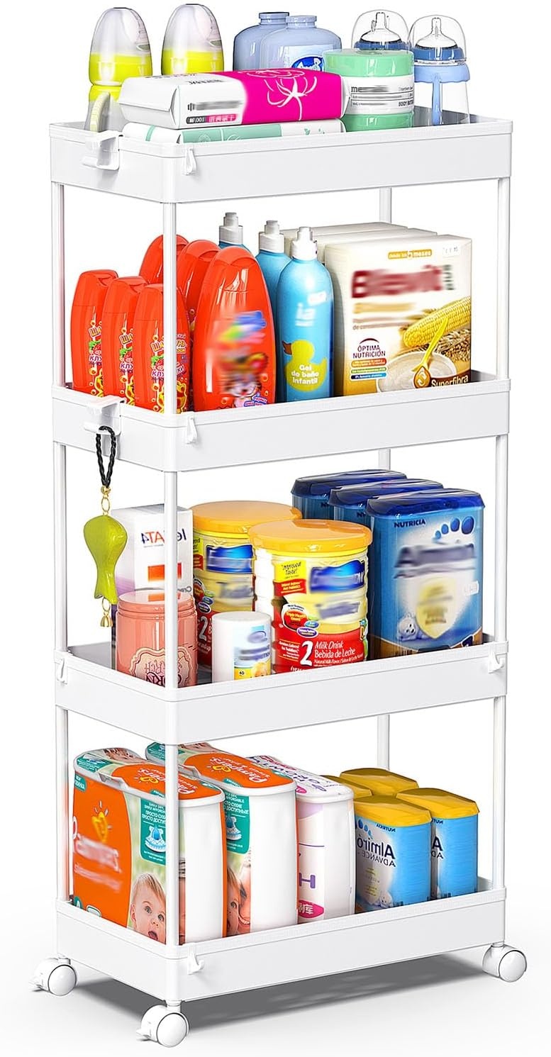 image:imageSPACEKEEPER Storage Cart 4Tier Mobile Shelving Unit Bathroom Rolling Cart Utility Storage Organizer Shelf for Kitchen Living Room Bathroom Laundry Room amp Dressers WhiteWhite