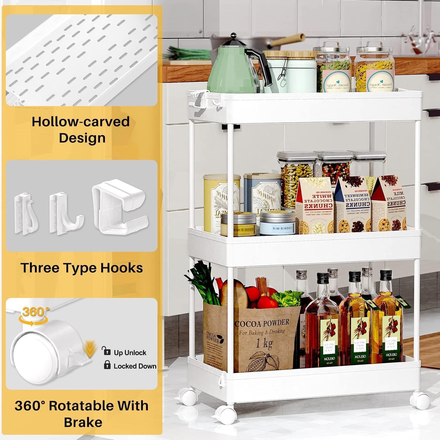 image:imageSPACEKEEPER Storage Cart 4Tier Mobile Shelving Unit Bathroom Rolling Cart Utility Storage Organizer Shelf for Kitchen Living Room Bathroom Laundry Room amp Dressers WhiteWhite
