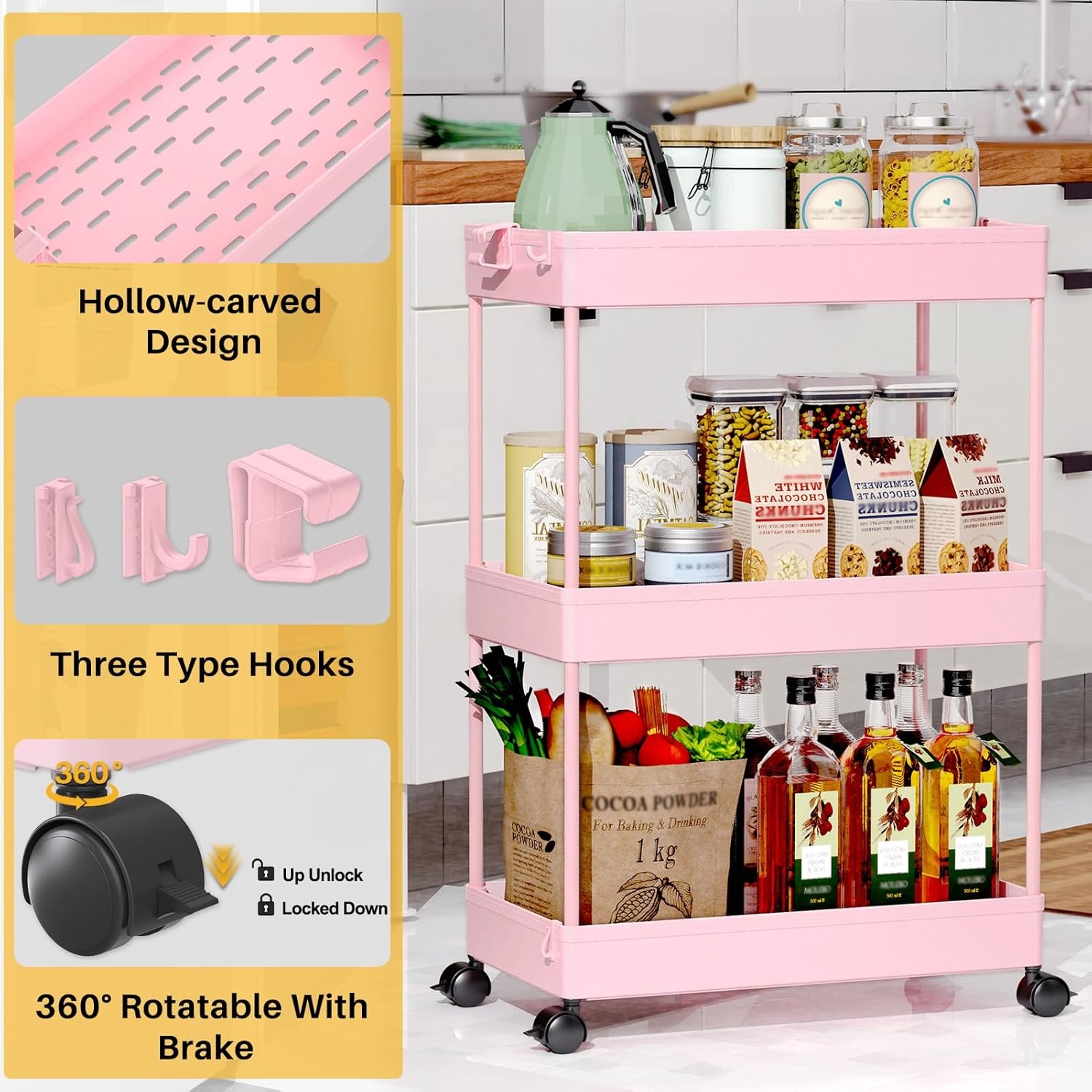image:imageSPACEKEEPER Storage Cart 4Tier Mobile Shelving Unit Bathroom Rolling Cart Utility Storage Organizer Shelf for Kitchen Living Room Bathroom Laundry Room amp Dressers WhitePink