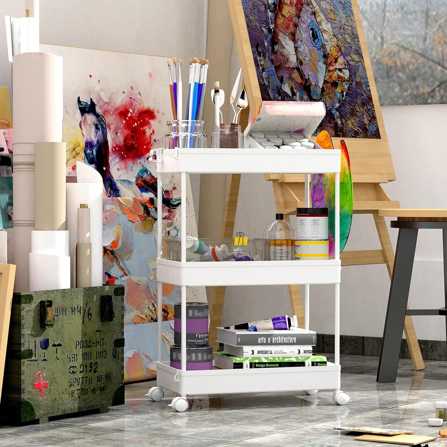 image:imageSPACEKEEPER Storage Cart 4Tier Mobile Shelving Unit Bathroom Rolling Cart Utility Storage Organizer Shelf for Kitchen Living Room Bathroom Laundry Room amp Dressers WhiteWhite