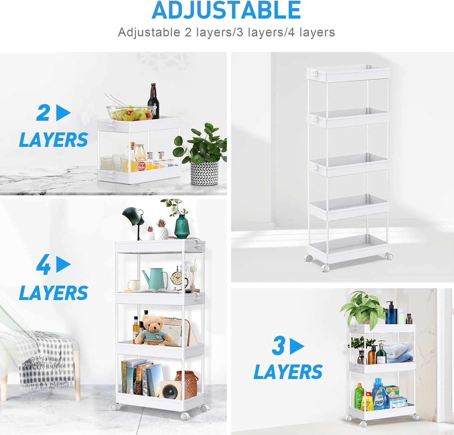 image:imageSPACEKEEPER Storage Cart 4Tier Mobile Shelving Unit Bathroom Rolling Cart Utility Storage Organizer Shelf for Kitchen Living Room Bathroom Laundry Room amp Dressers WhiteWhite