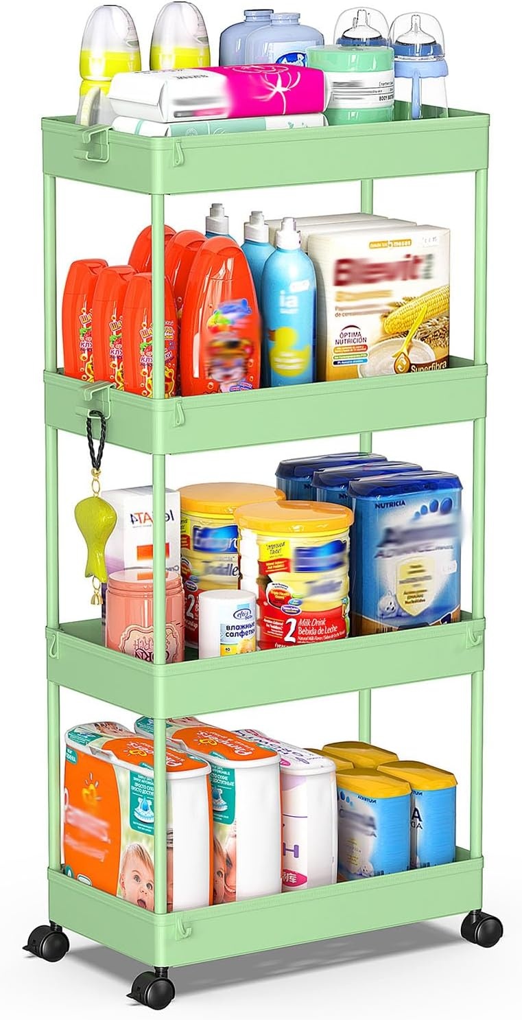 image:imageSPACEKEEPER Storage Cart 4Tier Mobile Shelving Unit Bathroom Rolling Cart Utility Storage Organizer Shelf for Kitchen Living Room Bathroom Laundry Room amp Dressers WhiteGreen
