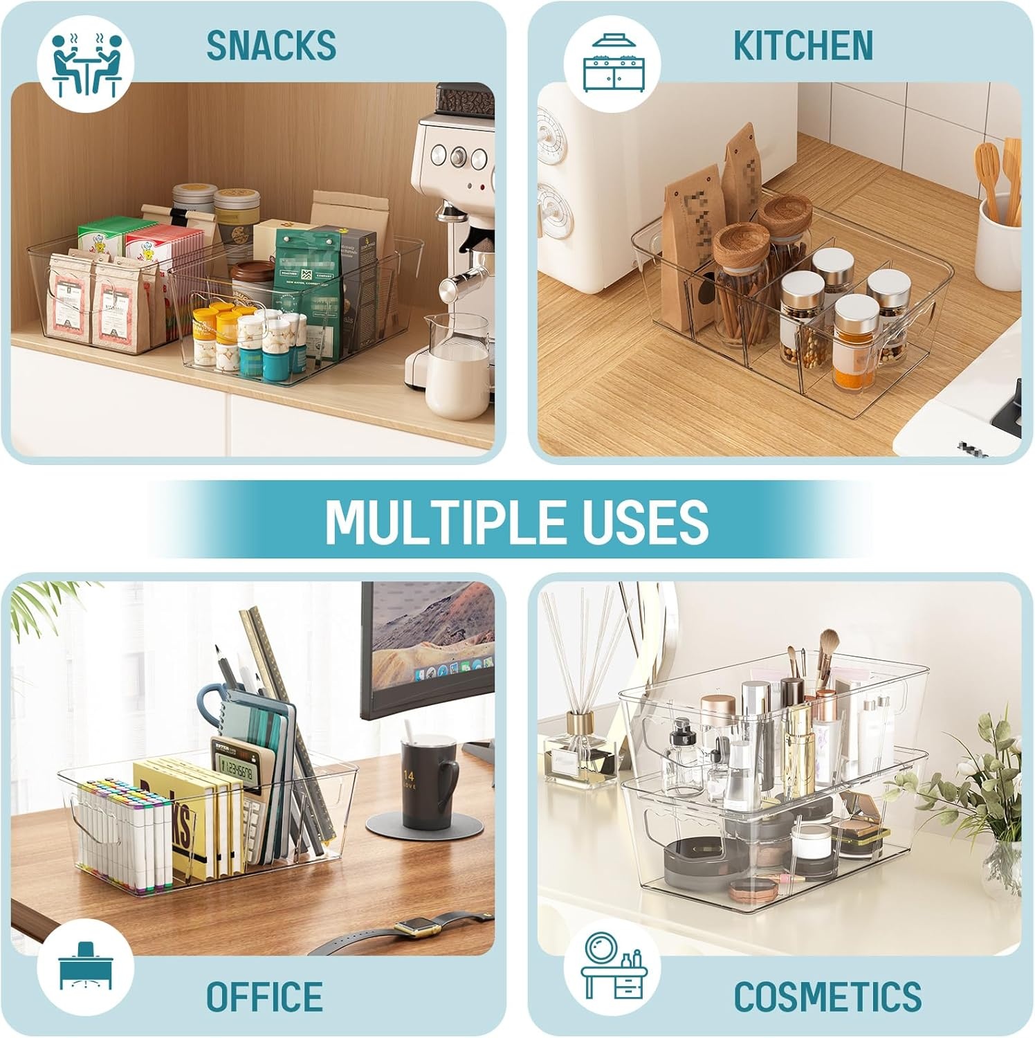 image:imageSPACEKEEPER Storage Organizer Bins 6 Pack Clear Pantry Organization Containers with Removable Dividers Plastic Stackable Bins for Cabinet Kitchen Fridge Countertops
