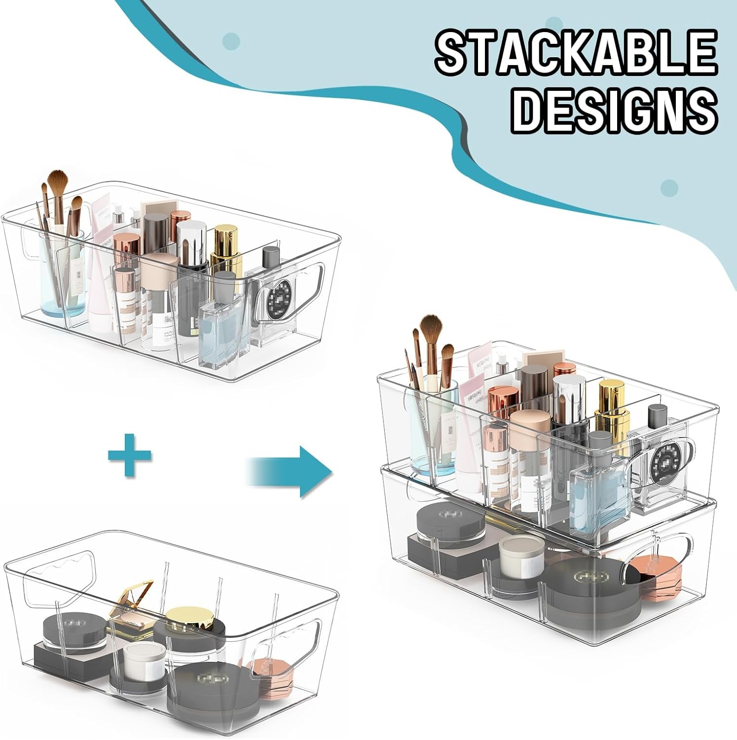 image:imageSPACEKEEPER Storage Organizer Bins 6 Pack Clear Pantry Organization Containers with Removable Dividers Plastic Stackable Bins for Cabinet Kitchen Fridge Countertops