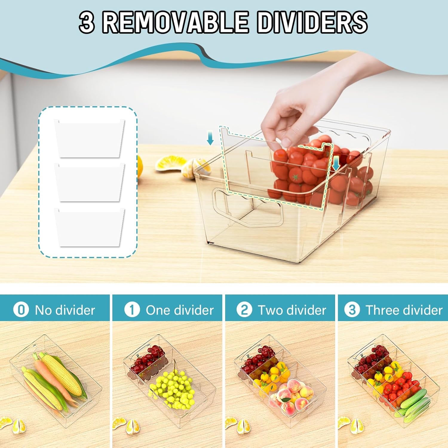 image:imageSPACEKEEPER Storage Organizer Bins 6 Pack Clear Pantry Organization Containers with Removable Dividers Plastic Stackable Bins for Cabinet Kitchen Fridge Countertops