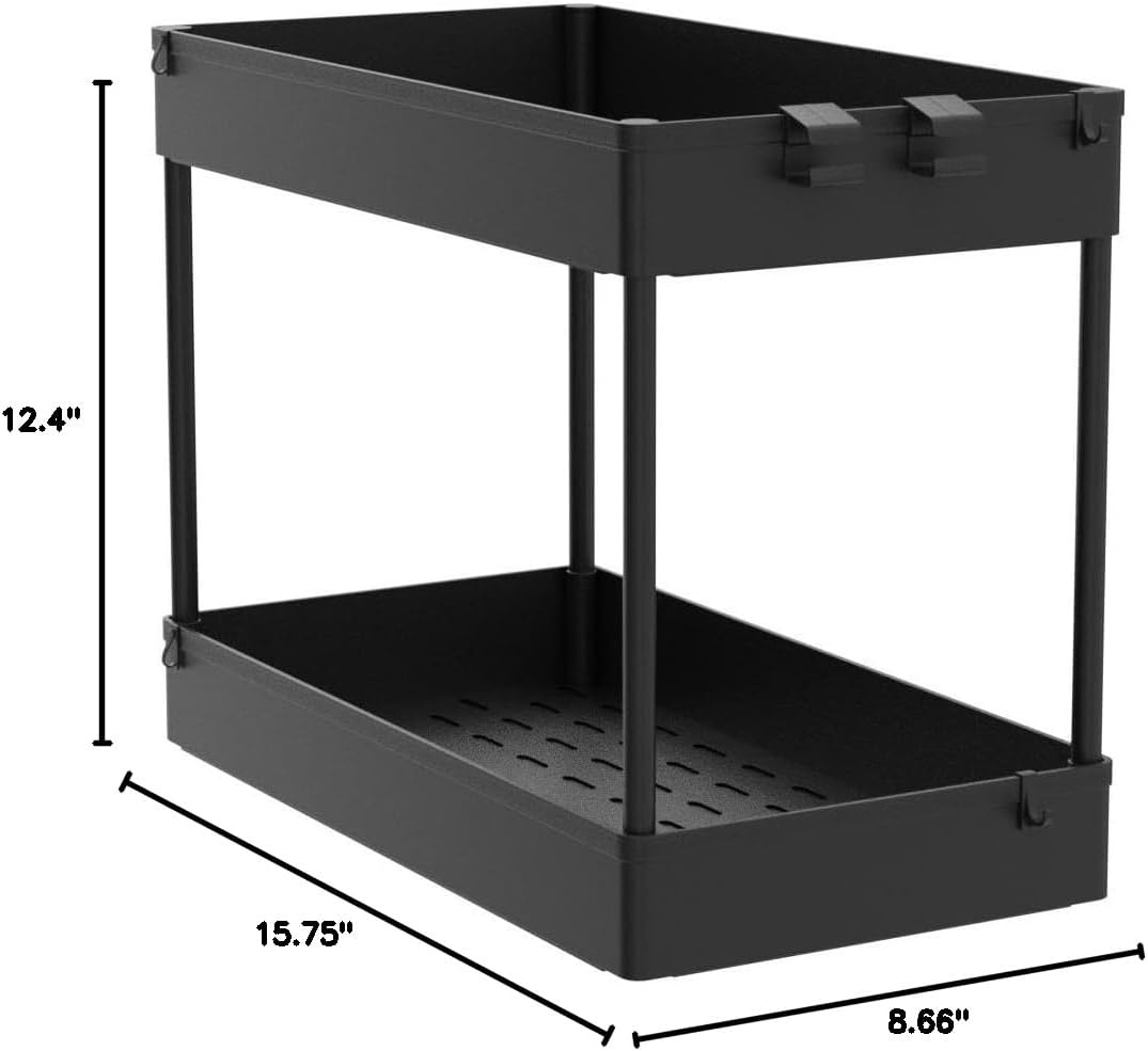 image:imageSPACEKEEPER Under Sink Organizer 2 Tier Under Sink Storage Organizer Bathroom Standing Rack Bath Collection Baskets with Hooks Multipurpose Storage Shelf Black 2 Pack