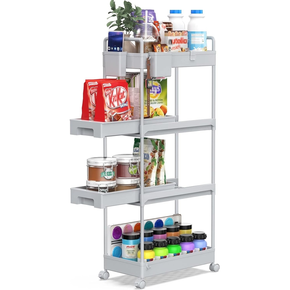 image:imageSPACEKEEPER 4Tier Rolling Storage Cart Slide Out Bathroom Organizer Mobile Shelving Unit Laundry Room Storage with Brake Wheels Hanging Cups Dividers for Kitchen Bathroom Narrow Spaces Grey