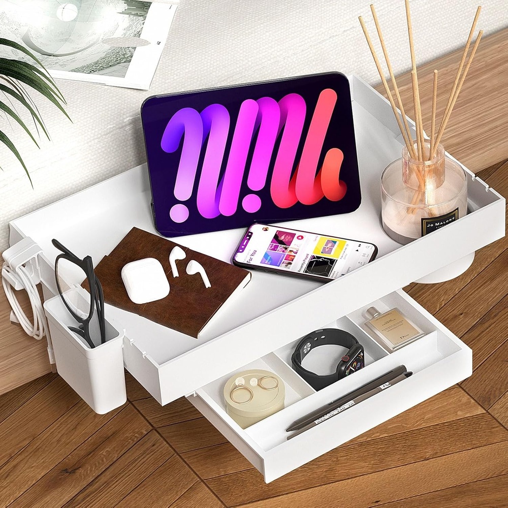 image:imageSPACEKEEPER Bedside Shelf for Bed Bunk Bed Shelf Organizer for Top Bunk Clip on Nightstand Bed Side Tray with Drawer Normal Size White
