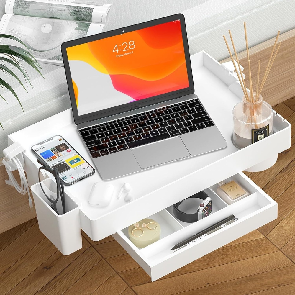 image:imageSPACEKEEPER Bedside Shelf for Bed Foldable Bunk Bed Shelf Clip On Nightstand for Top Bunk College Dorm Room Essentials Floating Table Tray Bed Side Shelf Organizer with Drawer Plus Size White