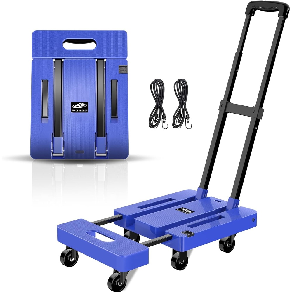 image:imageSPACEKEEPER Folding Hand Truck 500 LB Capacity Luggage Cart Portable Folding Dolly with 6 Wheels and 2 Elastic Ropes for Luggage Personal Travel Auto Moving and Office Use BlueBlue