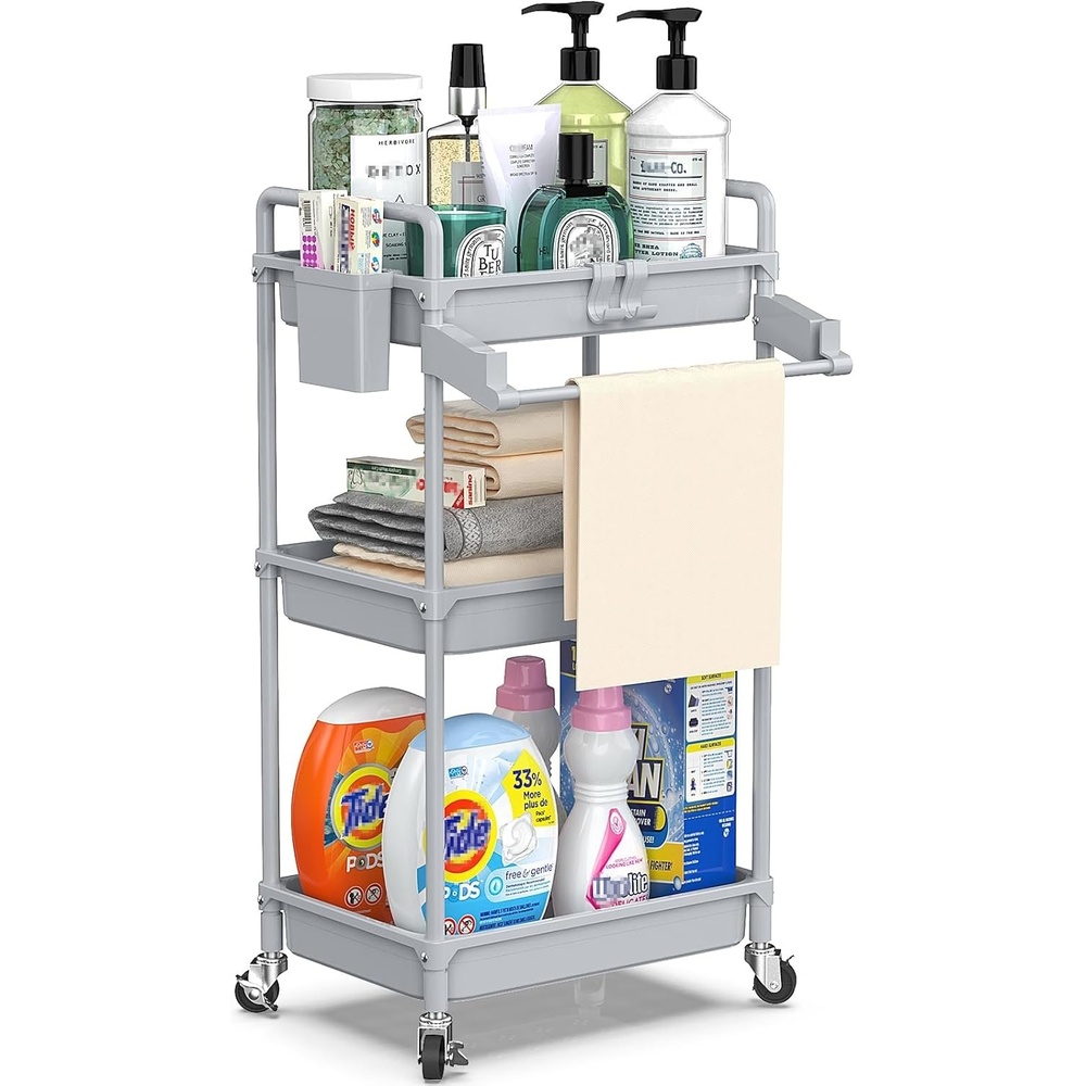 image:imageSPACEKEEPER Rolling Storage Cart 3 Tier Utility Cart Laundry Room Organization Mobile Shelving Unit Bathroom Organizer with Towel Rack Lockable Wheel Hooks amp Cup for Kitchen Office BlackGrey