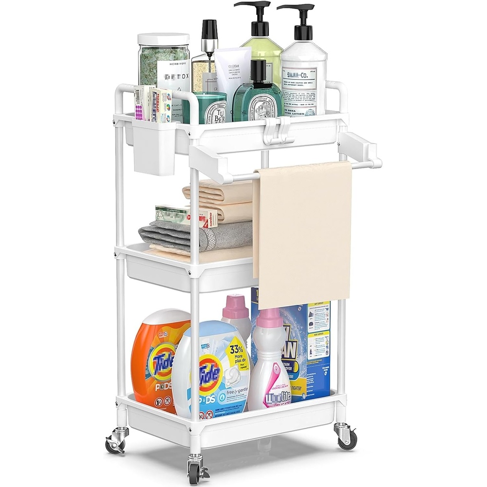 image:imageSPACEKEEPER Rolling Storage Cart 4Tier Bathroom Organizer Utility Cart Laundry Room Organization Mobile Shelving Unit with Towel Rack Lockable Wheel Hooks amp Cup for Kitchen Bedroom Office GreyWhite