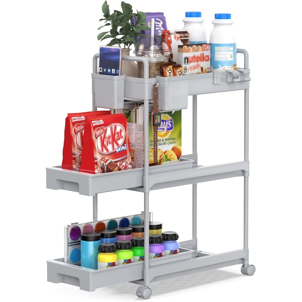image:imageSPACEKEEPER Rolling Storage Cart Slide Out Bathroom Organizer 3Tier Laundry Room Organization Shelf Mobile Utility Cart with Hanging Cups Dividers for Kitchen Bathroom Narrow Spaces Grey
