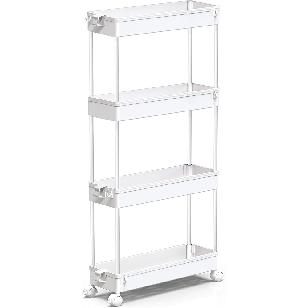 image:imageSPACEKEEPER Slim Rolling Storage Cart 4 Tier Bathroom Organizer Mobile Shelving Unit Storage Rolling Utility Cart Tower Rack for Kitchen Bathroom Laundry Narrow Places GrayWhite