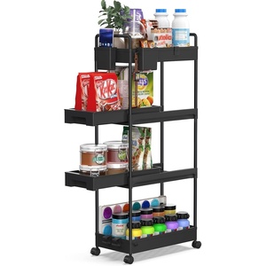 image:imageSPACEKEEPER 4Tier Rolling Storage Cart Slide Out Bathroom Organizer Mobile Shelving Unit Laundry Room Storage with Brake Wheels Hanging Cups Dividers for Kitchen Bathroom Narrow Spaces Black