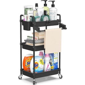 image:imageSPACEKEEPER Rolling Storage Cart 3 Tier Utility Cart Laundry Room Organization Mobile Shelving Unit Bathroom Organizer with Towel Rack Lockable Wheel Hooks amp Cup for Kitchen Office BlackBlack