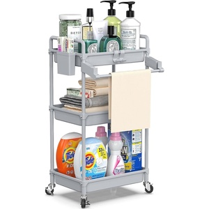image:imageSPACEKEEPER Rolling Storage Cart 4Tier Bathroom Organizer Utility Cart Laundry Room Organization Mobile Shelving Unit with Towel Rack Lockable Wheel Hooks amp Cup for Kitchen Bedroom Office GreyGrey