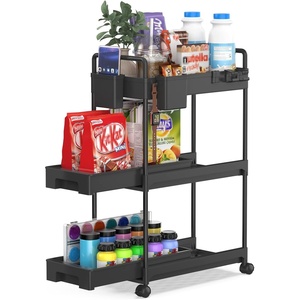 image:imageSPACEKEEPER Rolling Storage Cart Slide Out Bathroom Organizer 3Tier Laundry Room Organization Shelf Mobile Utility Cart with Hanging Cups Dividers for Kitchen Bathroom Narrow Spaces Black