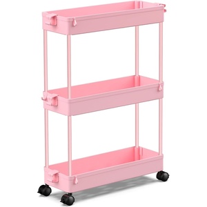 image:imageSPACEKEEPER Slim Rolling Storage Cart 3 Tier Bathroom Storage Organizer Laundry Room Utility Cart Mobile Shelving Unit MultiPurpose for Kitchen Office Bathroom Laundry Narrow Places BlackPink