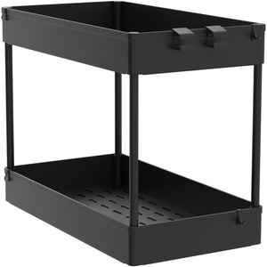 image:imageSPACEKEEPER Under Sink Organizer 2 Tier Under Sink Storage Organizer Bathroom Standing Rack Bath Collection Baskets with Hooks Multipurpose Storage Shelf Black 2 Pack