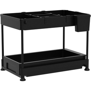 image:imageSPACEKEEPER Under Sink Organizer Sliding Cabinet Basket Organizer 2 Tier Under Bathroom Storage Rack with Hooks Hanging Cup Dividers Multipurpose Storage Shelf for Bathroom Kitchen Black