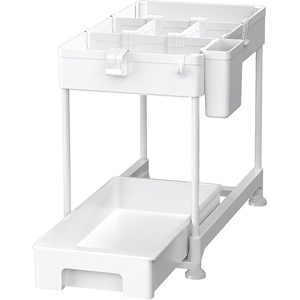 image:imageSPACEKEEPER Under Sink Organizer Sliding Cabinet Basket Organizer 2 Tier Under Bathroom Storage Rack with Hooks Hanging Cup Dividers Multipurpose Storage Shelf for Bathroom Kitchen White
